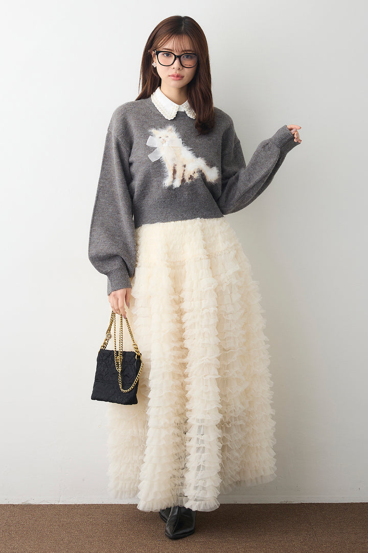 [予約/SET]2連パール付け襟+シャギーリボンキャットモチーフニットPO+ホイップチュールティアードスカート(3set)