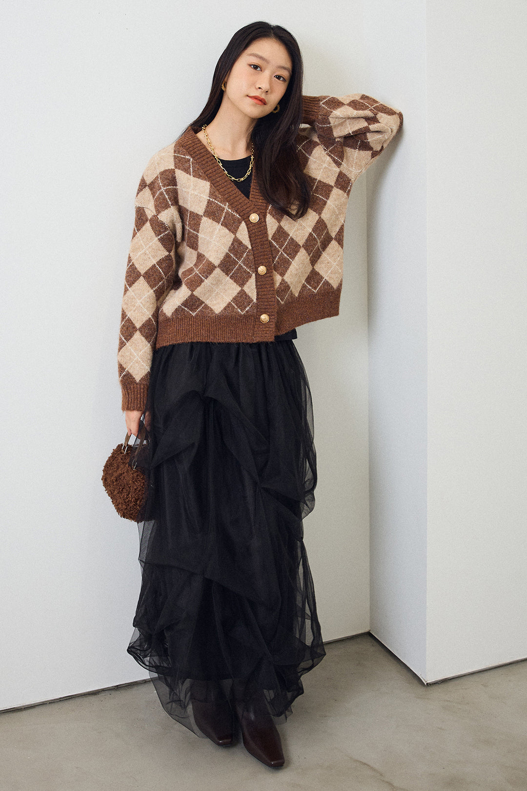 [予約/SET]アーガイル柄ゴールドボタンニットカーデ+マルチパターンタックチュールスカート(2set)
