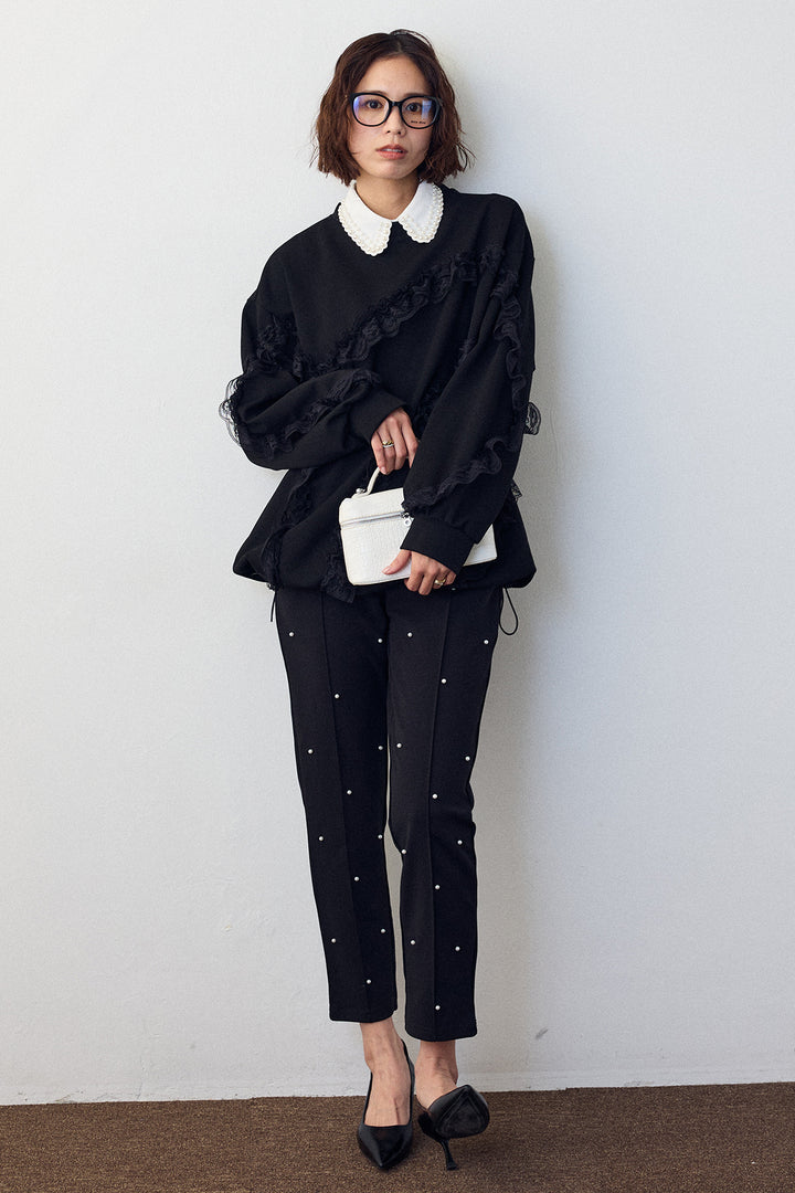 [予約/SET]2連パール付け襟+レースフリルランダムラインスウェット+センターシームランダムパールパンツ(3set)
