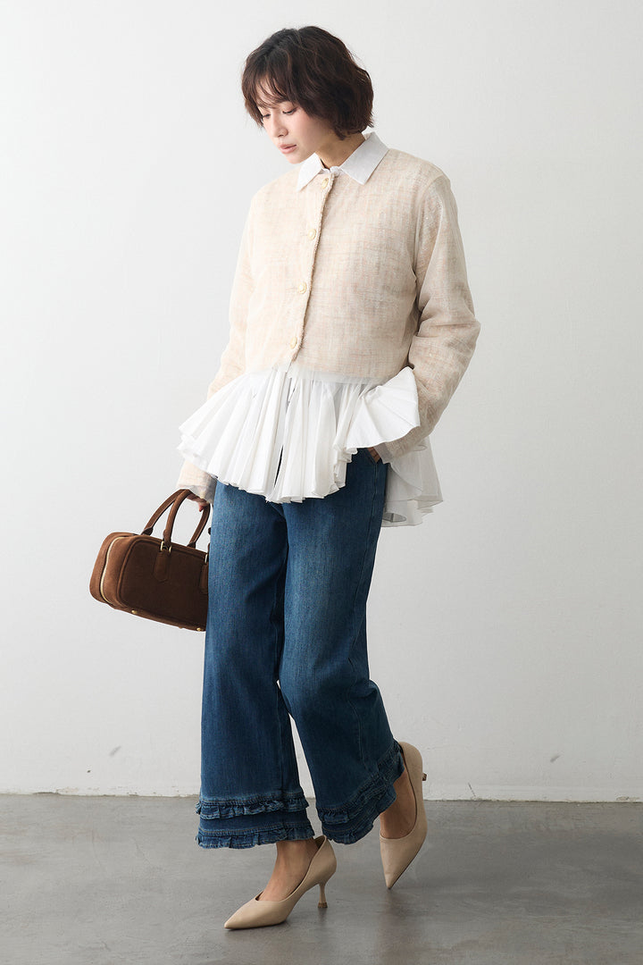 [予約/SET]パネルフレアヘムシャツ+ツイード×チュールレイヤードクロップドジャケット+フリルヘムデニムパンツ(3set)