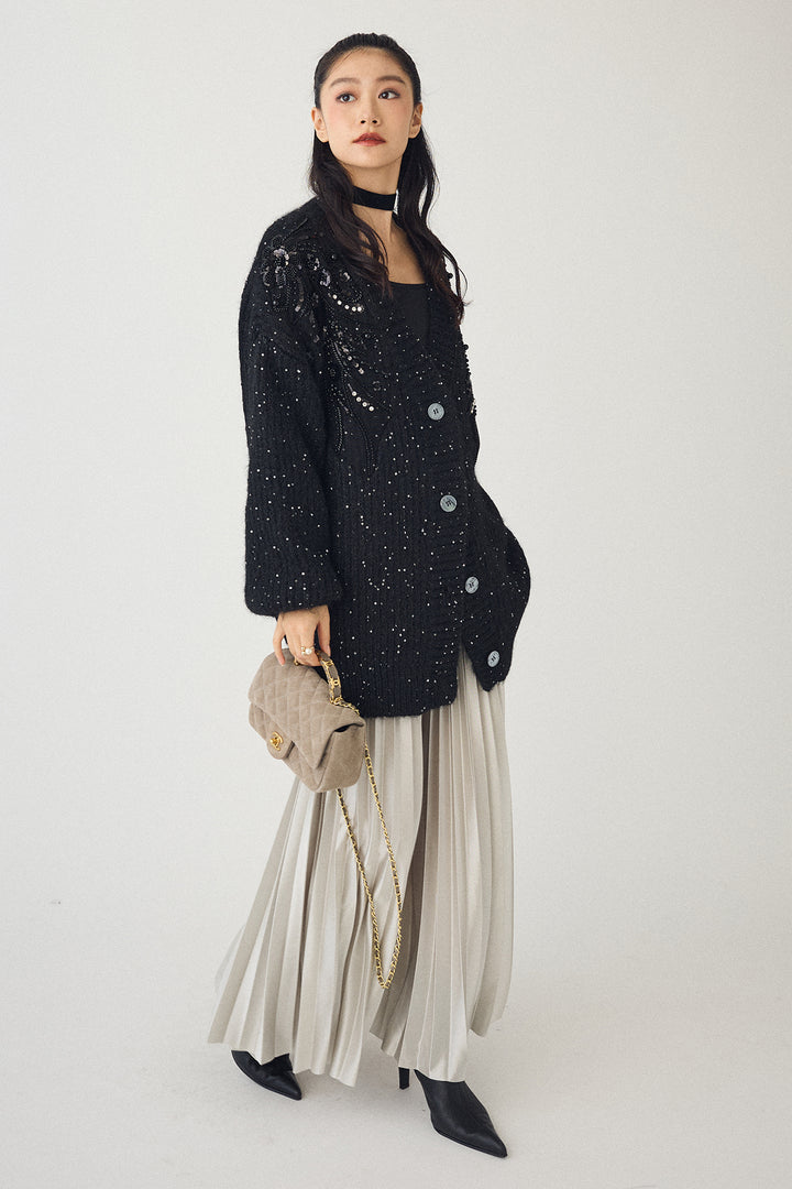 [予約/SET]ビーズフラワースパンコールシャイニーニットカーデ+シャイニープリーツサテンスカート(2set)