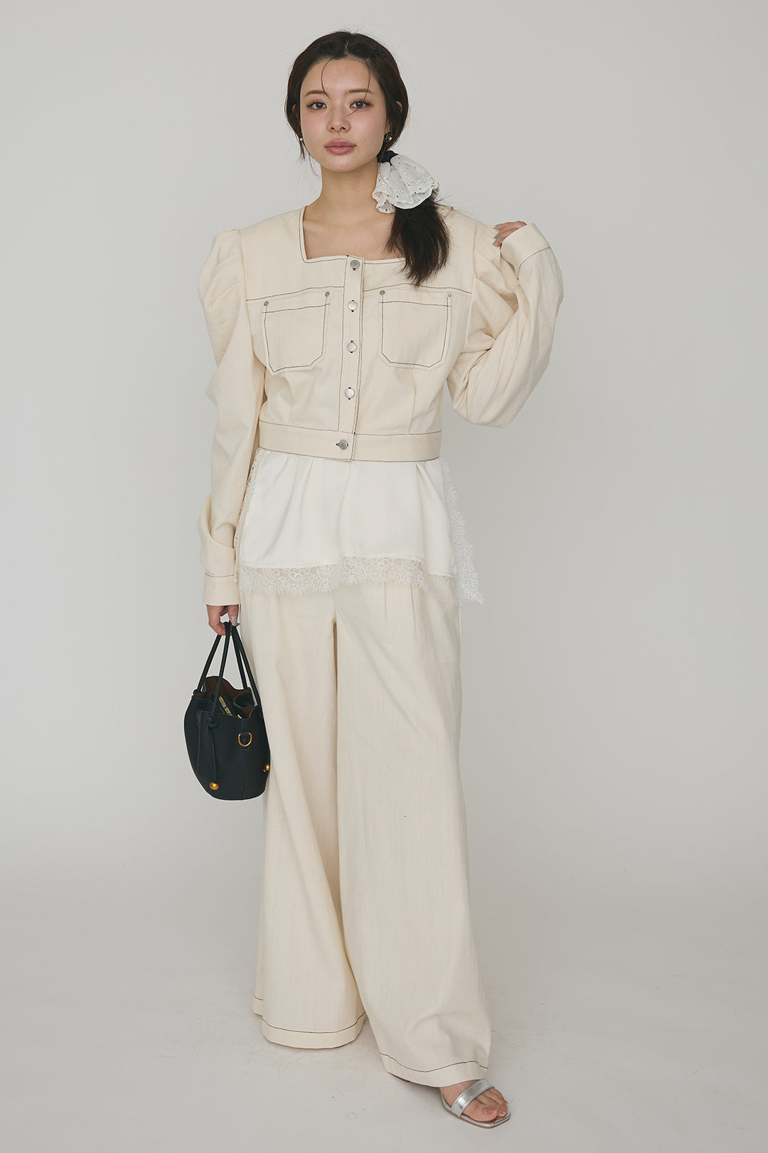 [予約/SET]ステッチパフスリーブクロップドジャケット+ステッチデザインハイウエストデニムパンツ(2set)