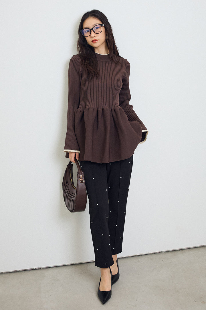 [予約/SET]リブフレア配色スリーブペプラムニット+センターシームランダムパールパンツ(2set)