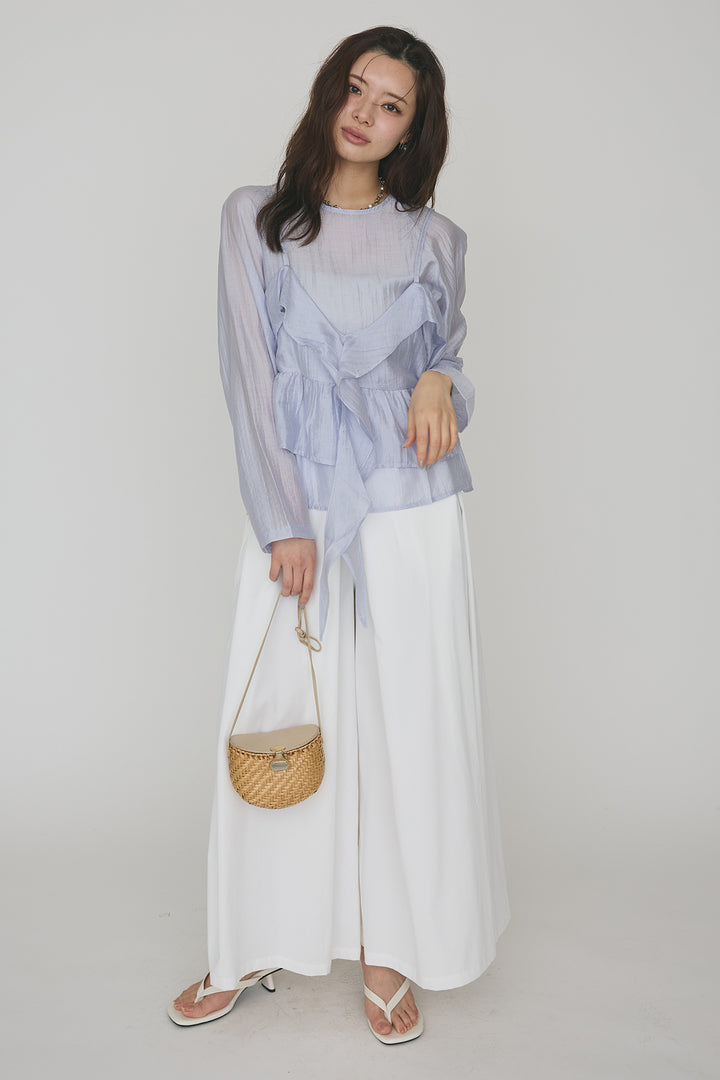 [予約/SET]ドレープフリルシアーレーヤードトップス+フロントサイドタックワイドパンツ(2set)