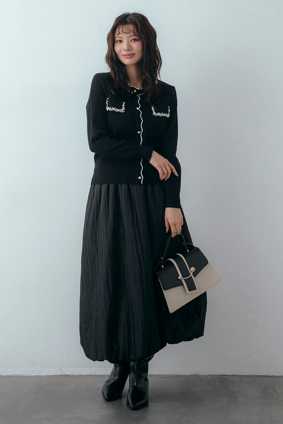 [予約/SET]ビジューパールデザインニットカーデ+ソフトキルトバルーンスカート(2set)