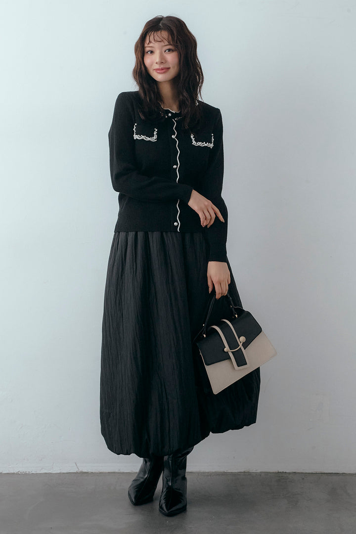 [予約/SET]ビジューパールデザインニットカーデ+ソフトキルトバルーンスカート(2set)