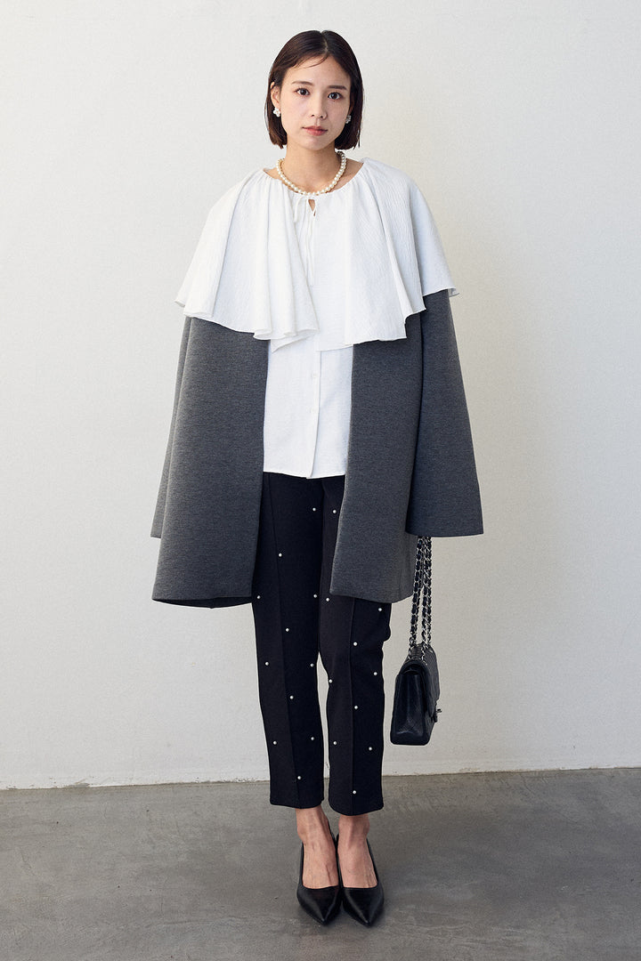 [予約/SET]BIGフリルカラーブラウス+フリルポケットボンディングノーカラーコート+センターシームランダムパールパンツ(3set)