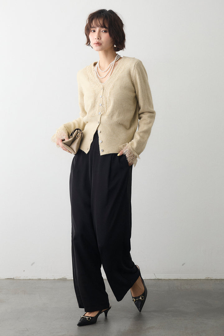 [予約/SET]レースVラインボタンニット+とろみドロストワイドパンツ(2set)