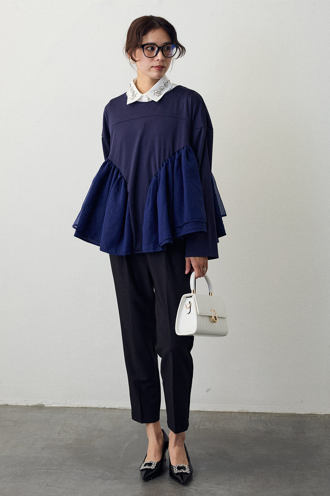 [予約/SET]フリルテール異素材切替チュニック+タックテーパードパンツ(2set)
