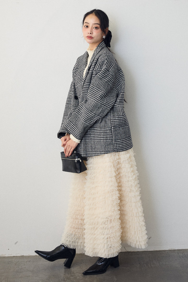 [予約/SET]ネックショルダーパールポイントニット+チェック柄ボクシーコート+ホイップチュールティアードスカート(3set)