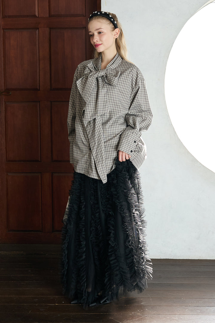 [予約/SET]マルチパターンボウタイアシメシャツ+Iラインホイップチュールスカート(2set)