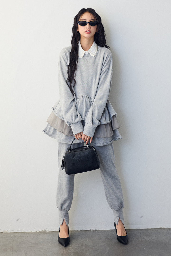 [予約/SET]2連パール付け襟+異素材ミックスフリルティアードスウェットPO+ライトスウェット美ラインジョガーパンツ(3set)