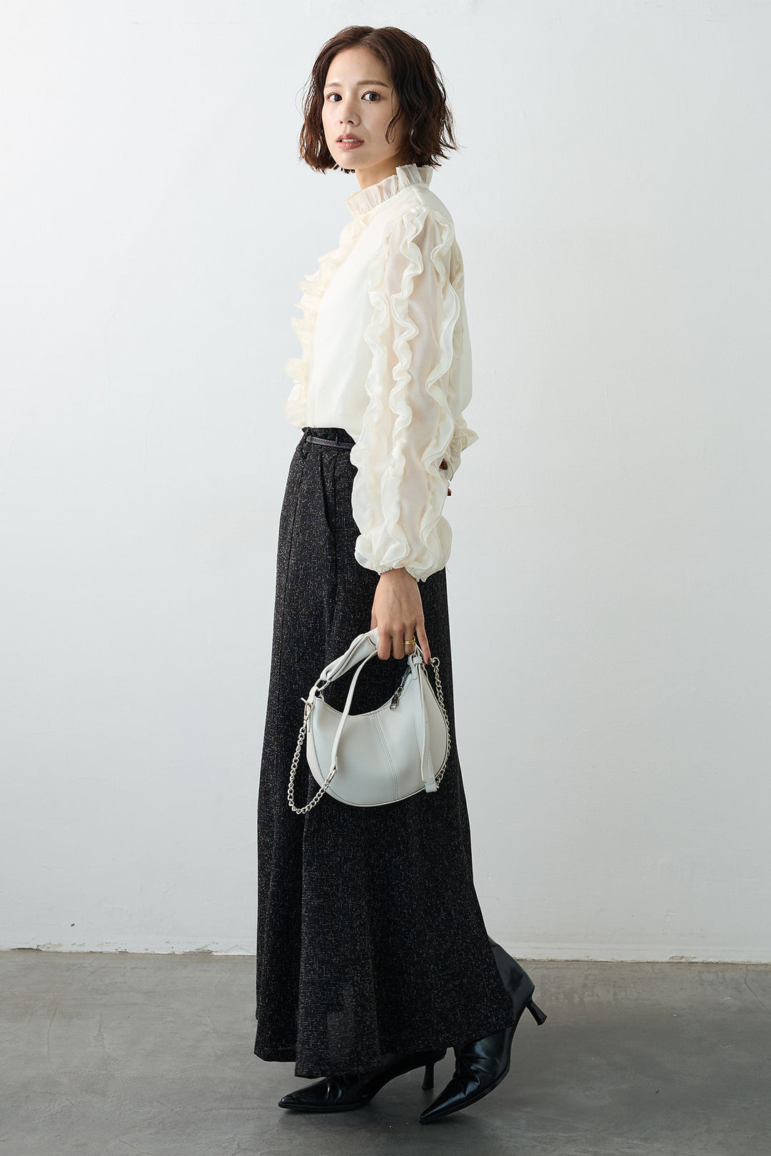 [予約/SET]エアリーフリルブラウス+スラブネップツイードフレアスカート(2set)