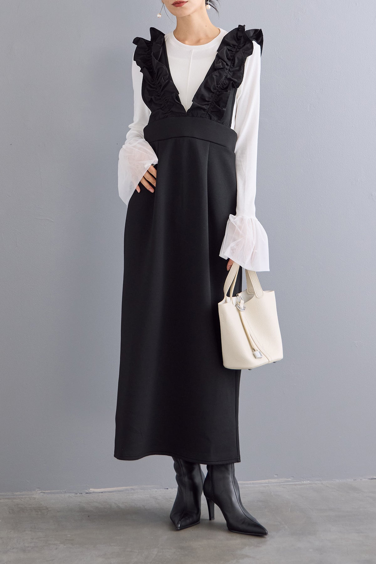 予約/SET]チュールシアーカフスリブニット+異素材フリルショルダー