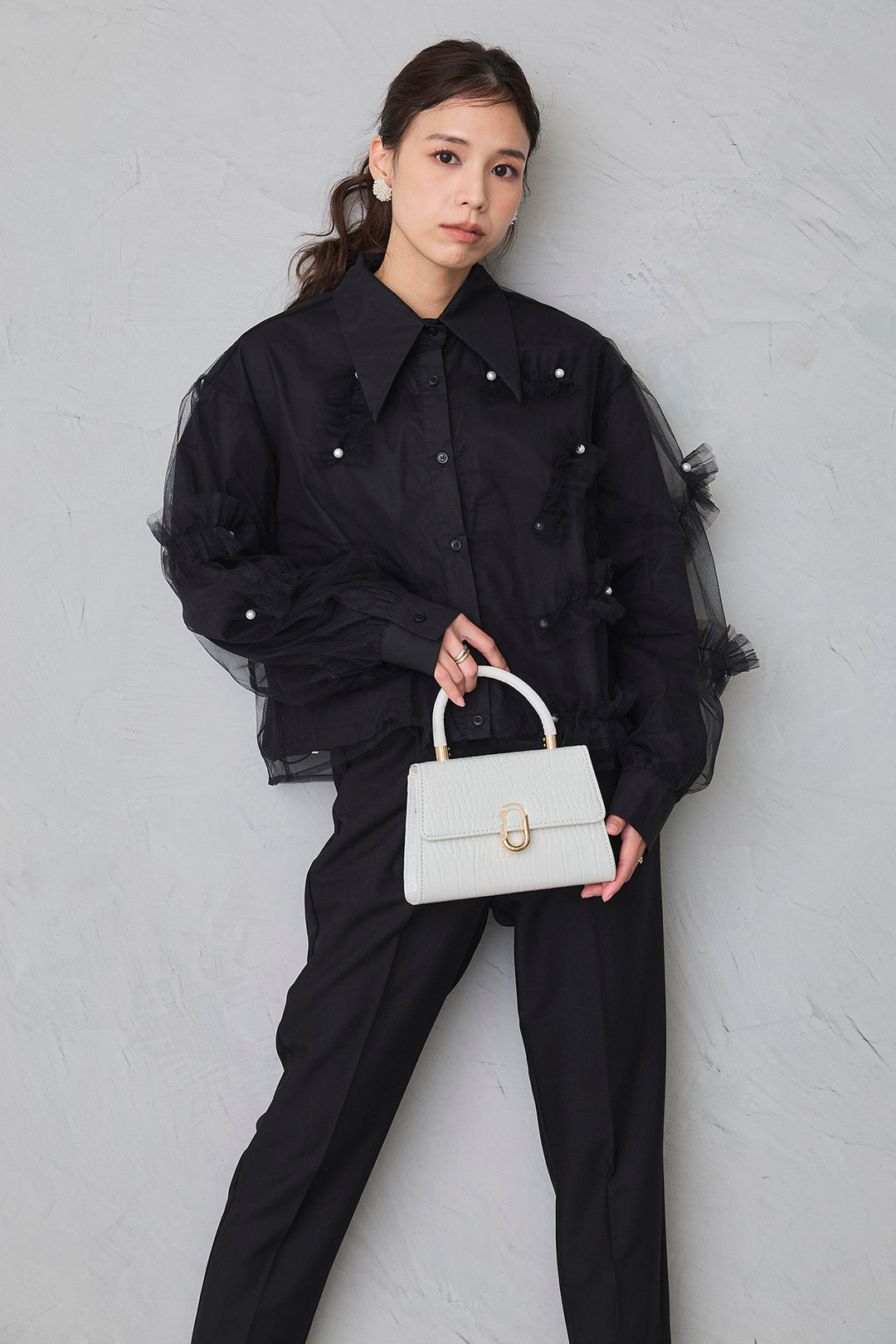 [予約/SET]チュールレイヤードパールシャツ+タックテーパードパンツ(2set)