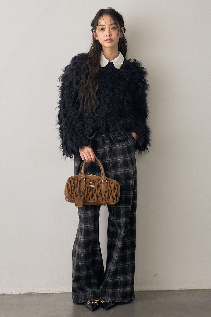 [予約/SET]2連パール付け襟+ループシャプルオーバーニット+クラシカルチェックフラワーモチーフ付きパンツ(3set)