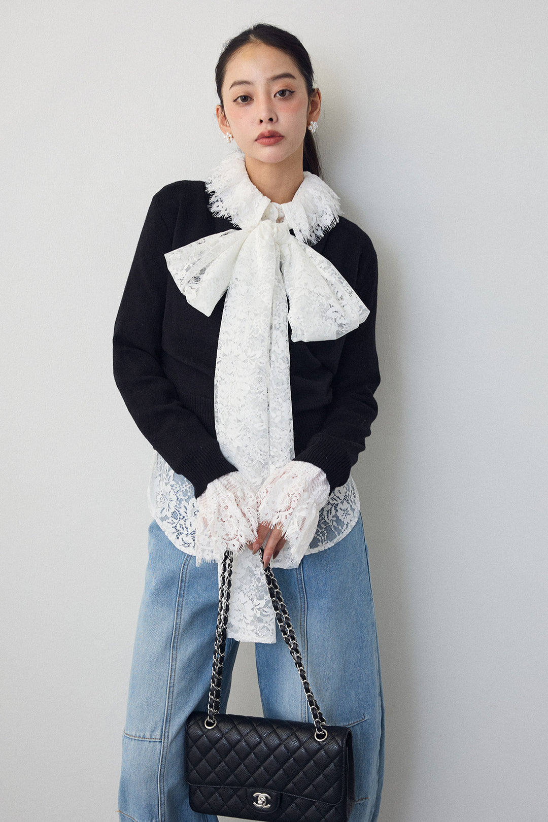 [予約/SET]クラシカルレースボウタイブラウス+カシュクールデザインニット(2set)