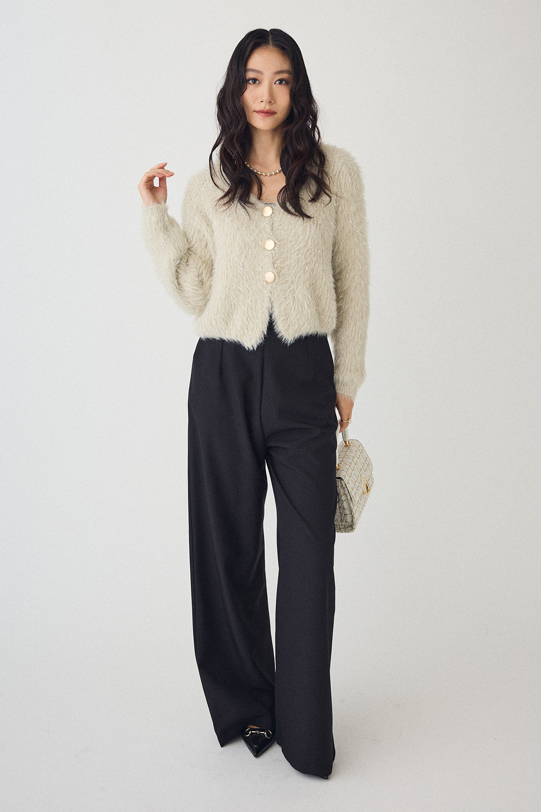 [予約/SET]ゴールドボタンラメシャギーニット+バックリボンストレートパンツ(2set)