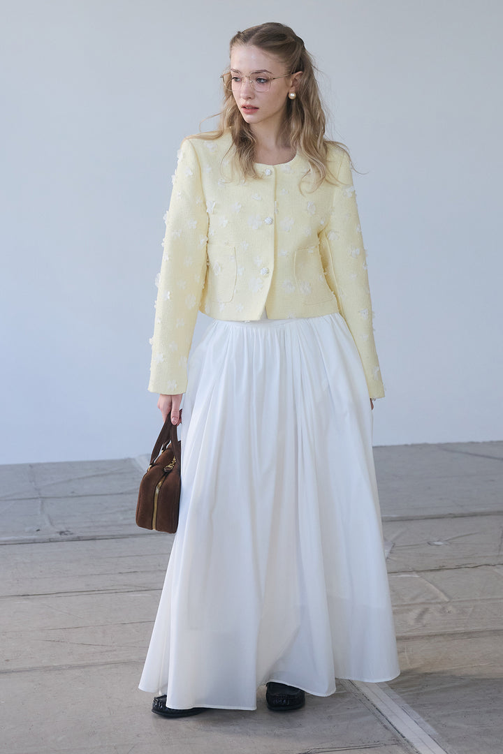 [予約/SET]フラワーモチーフツイードジャケット+ギャザーフレア綿タッチスカート(2set)