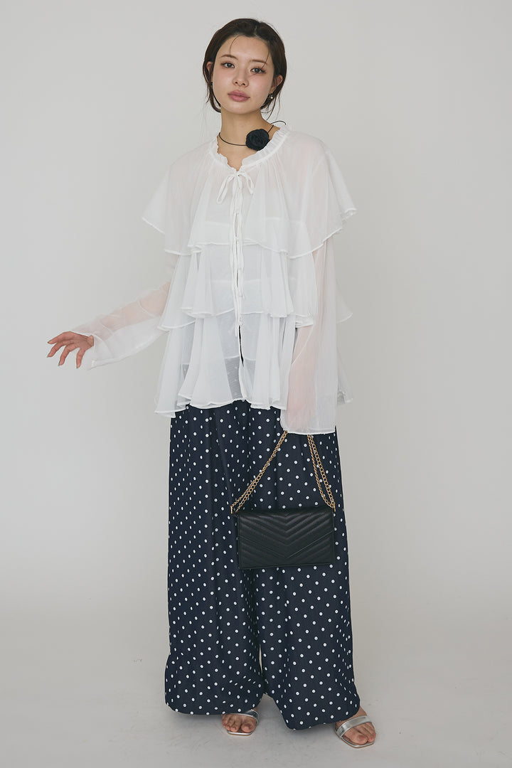 [予約/SET]エアリーシフォンティアードブラウス+ハイウエストドットデニムパンツ(2set)