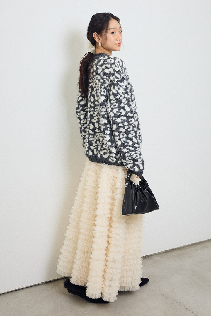 [予約/SET]レオパードクルーネックニットプルオーバー+ホイップチュールティアードスカート(2set)