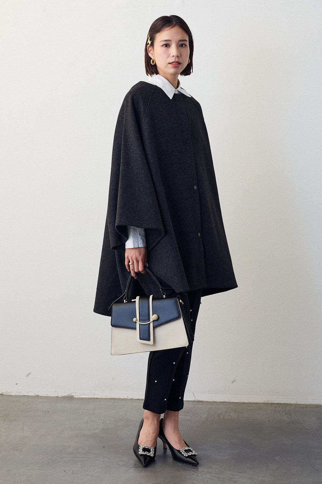 [予約/SET]パネルフレアヘムシャツ+ウールライクドルマンポンチョコート+センターシームランダムパールパンツ(3set)