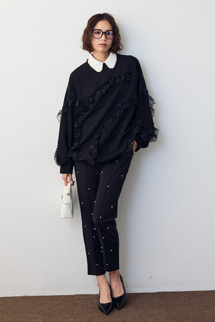 [予約/SET]レースフリルランダムラインスウェット+センターシームランダムパールパンツ(2set)