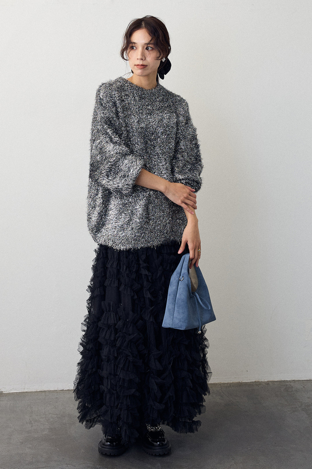 [予約/SET]グリッターラメニット+スフレアシメチュールスカート(2set)