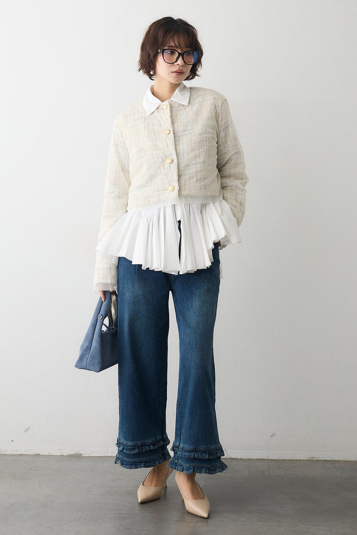[予約/SET]ツイード×チュールレイヤードクロップドジャケット+フリルヘムデニムパンツ(2set)
