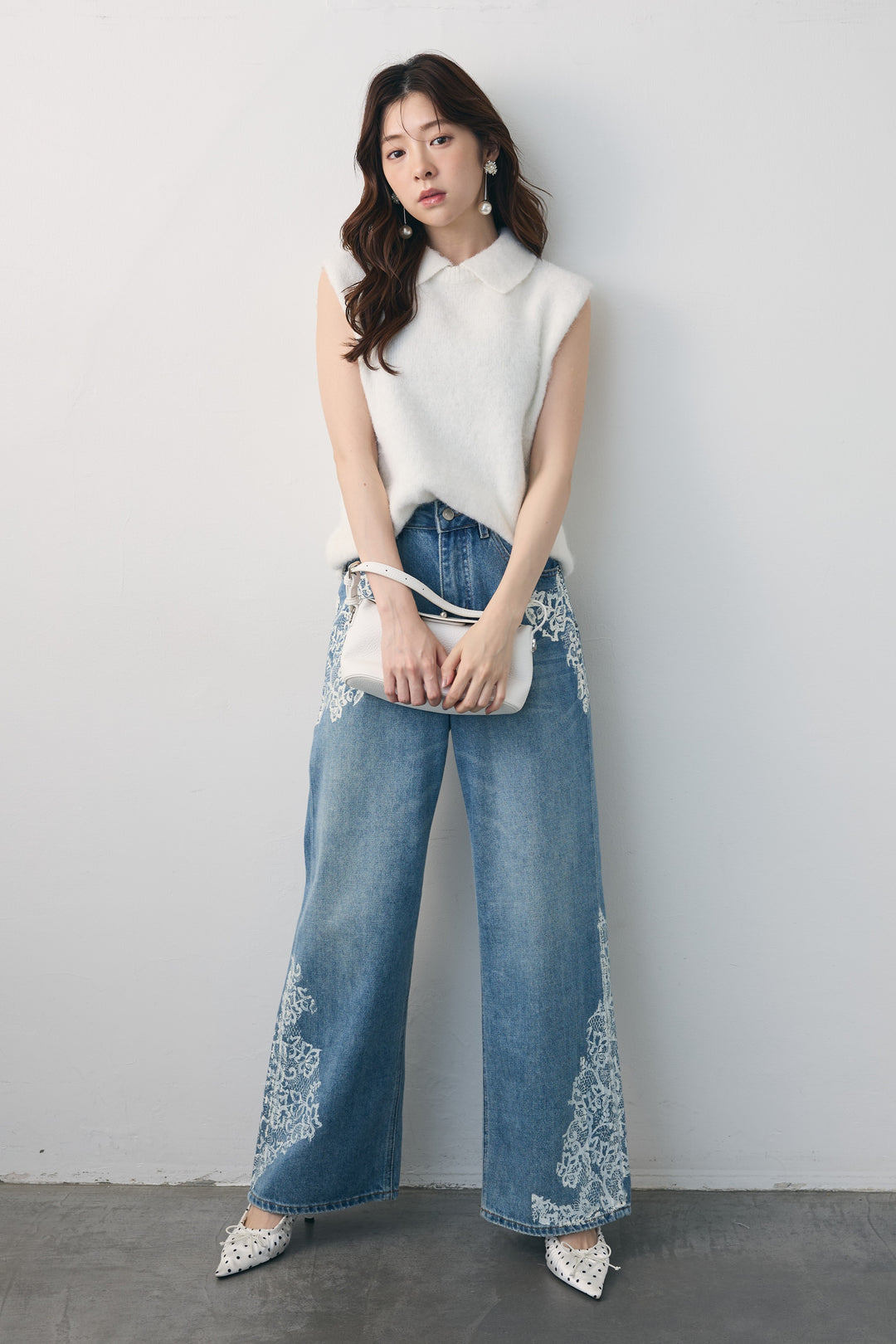 [予約/SET]モヘア起毛ポロベスト+レースプリントデザインデニムパンツ(2set)