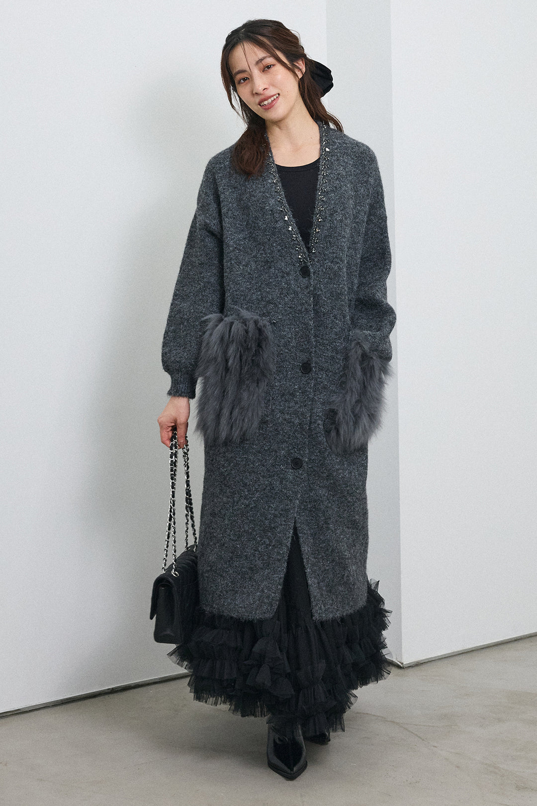 [予約/SET]ファーポケットロングニットカーデ+スウィートチュールフリルスカート(2set)