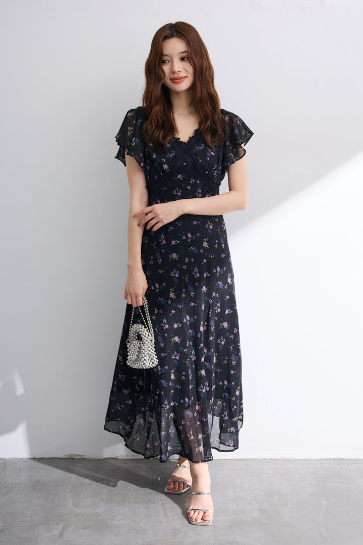 [予約]ニュアンスフラワーレースポイントシフォンワンピース