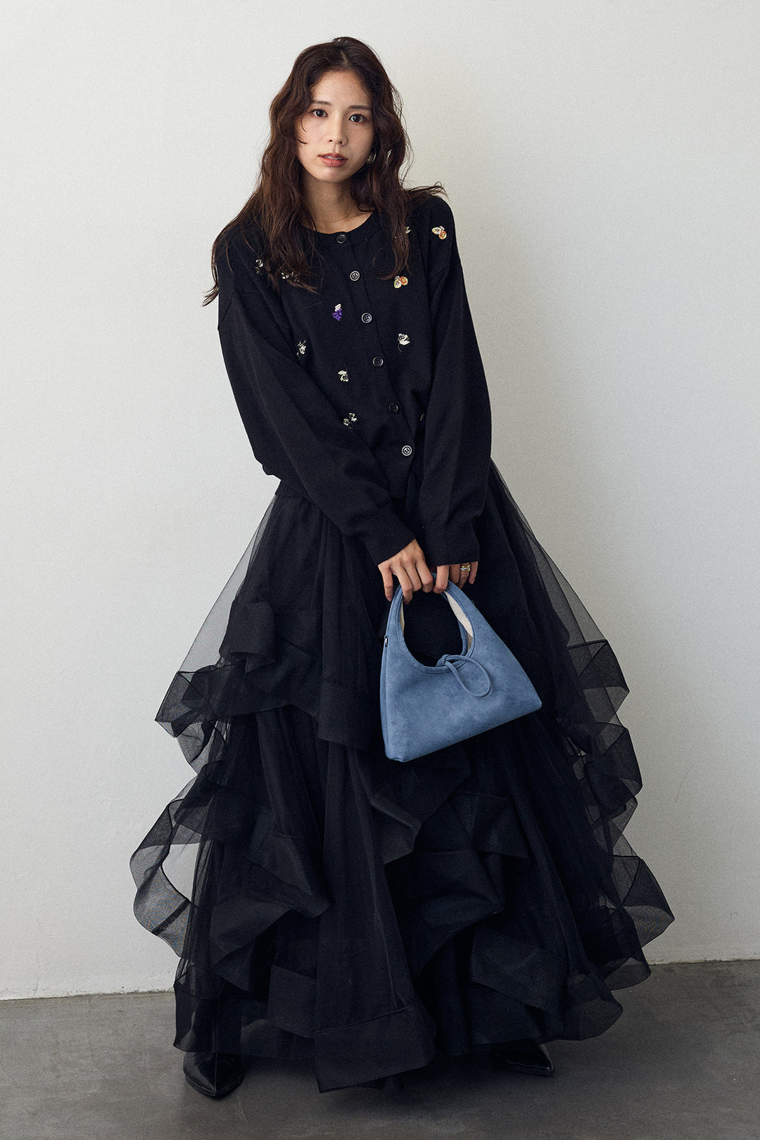 [予約/SET]フルーツフラワー刺繍ニットカーデ+ランダムフリルティアードボリュームスカート(2set)