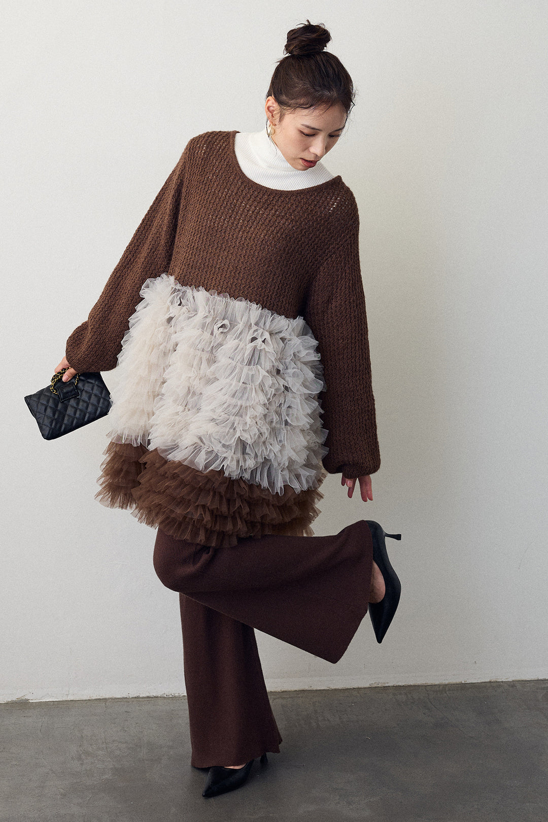 [予約/SET]ホイップチュールドッキングニットワンピ+リブストレッチフレアニットパンツ(2set)