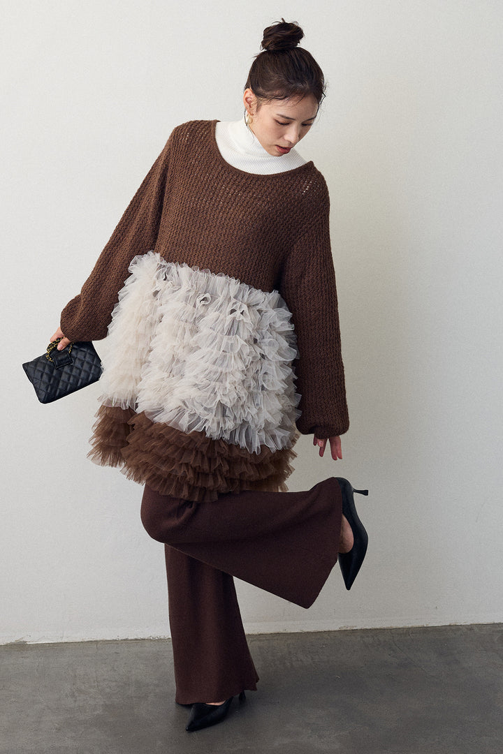 [予約/SET]ホイップチュールドッキングニットワンピ+リブストレッチフレアニットパンツ(2set)