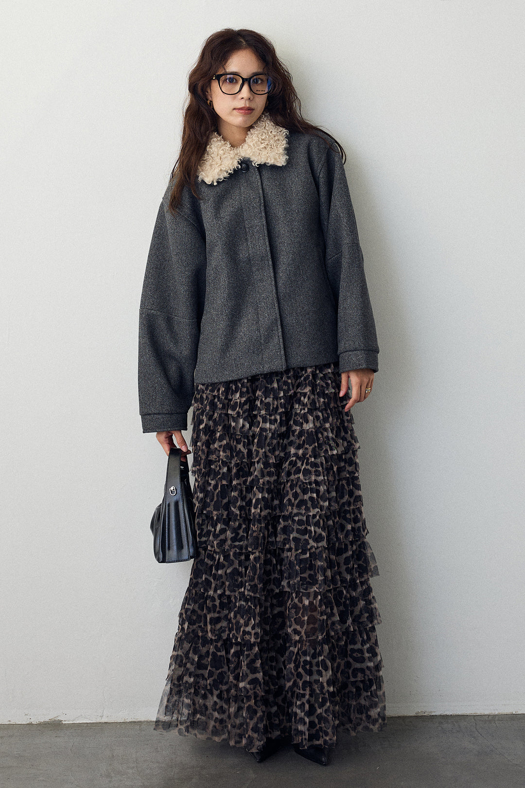 [予約/SET]プードル襟2wayコート+レオパードチュールティアードスカート(2set)