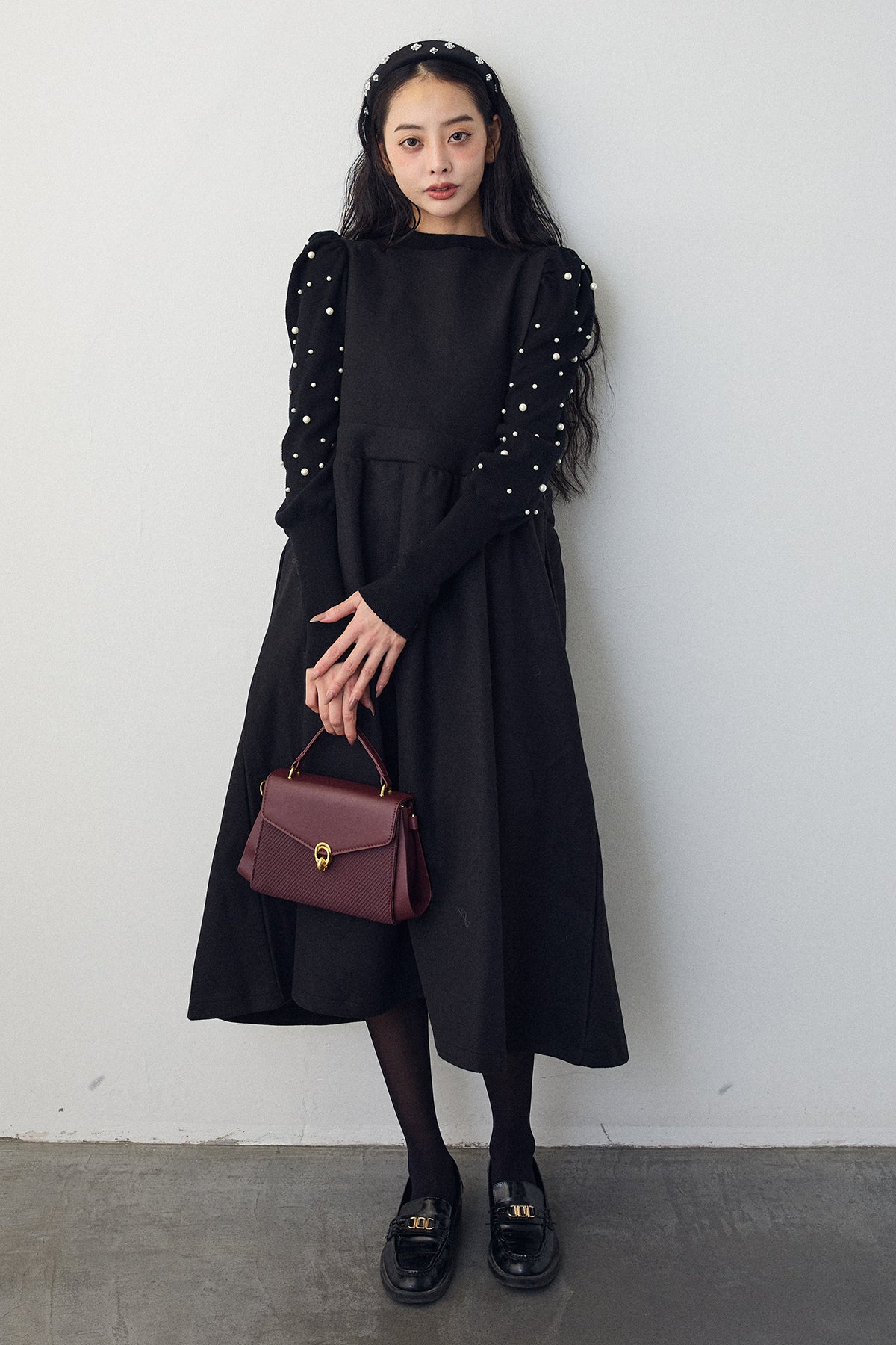 予約/SET]パフスリーブランダムパールニット+前後2wayバックリボン