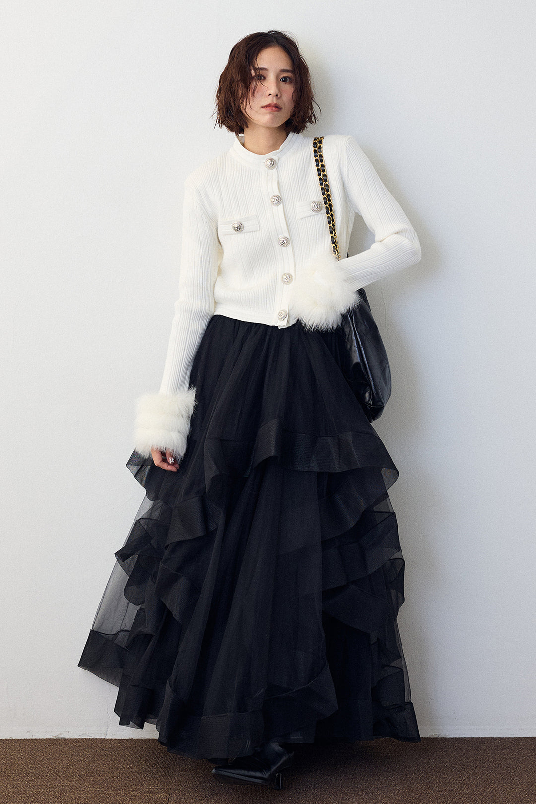 [予約/SET]ダブルファーラインスリーブニットカーデ+ランダムフリルティアードボリュームスカート(2set)