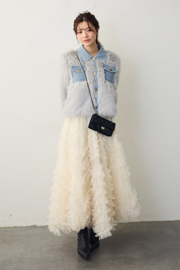 [予約/SET]デニムシャツドッキングファージャケット+スフレアシメチュールスカート(2set)