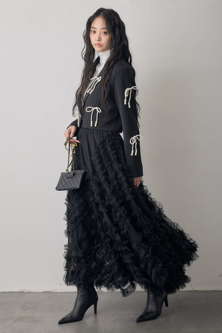 [予約/SET]ベーシックリブタートルニット+パールリボンクロップドジャケット+スフレアシメチュールスカート(3set)