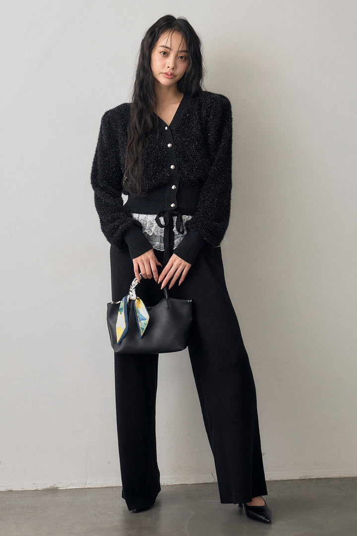 [予約/SET]コンシャスショルダーシャイニーニットカーデ+ウエストレースニットストレートパンツ(2set)