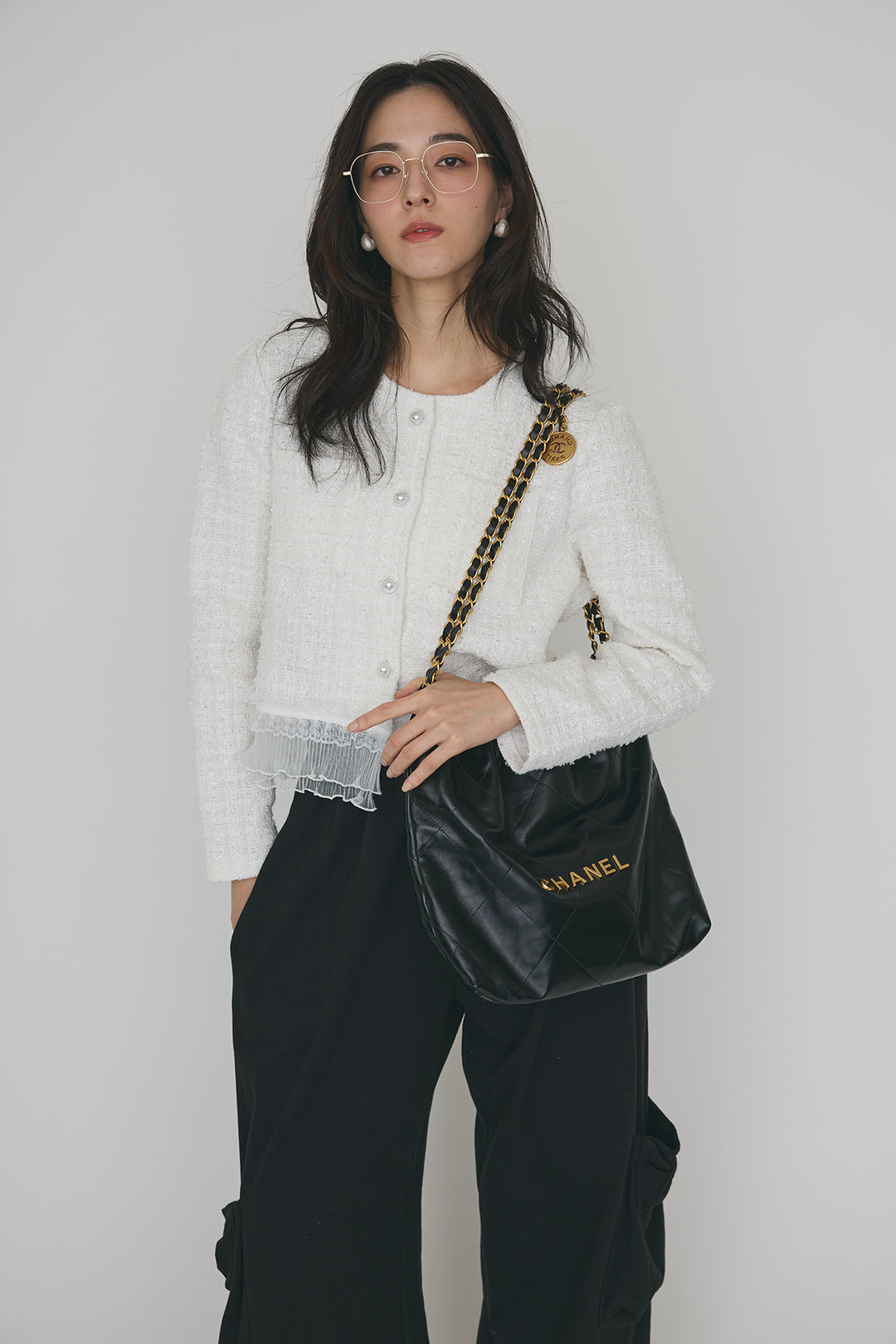 [予約/SET]プリーツフリルヘムライトツイードジャケット+ライトスウェットサイドリボンパンツ(2set)