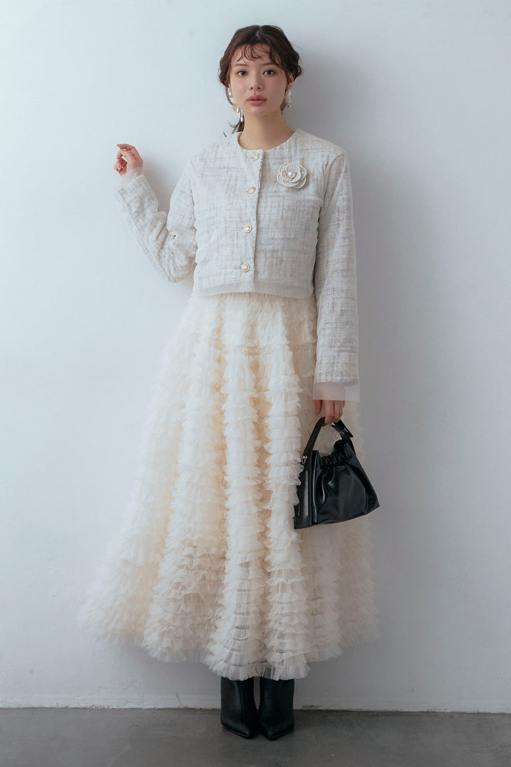 [予約/SET]ツイード×チュールレイヤードクロップドジャケット+ホイップチュールティアードスカート(2set)