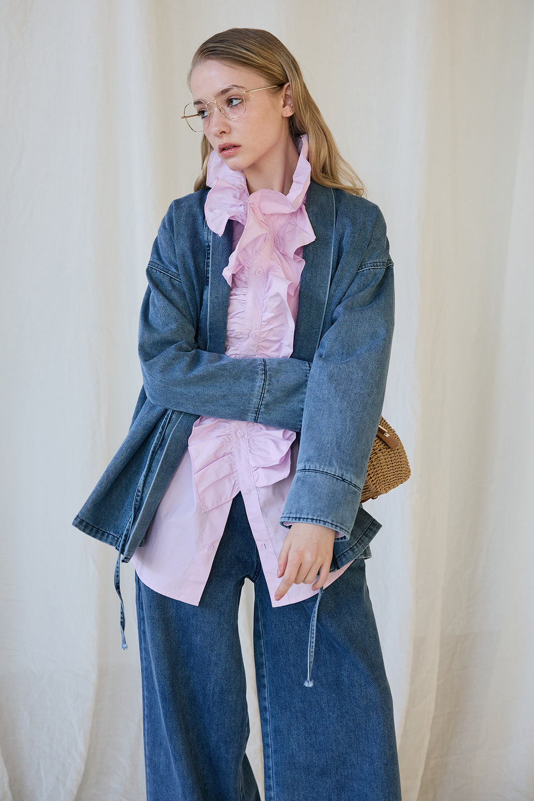 [予約/SET]ブルームカラーフリルブラウス+ノーカラーデニムルーズセットアップ(2set)