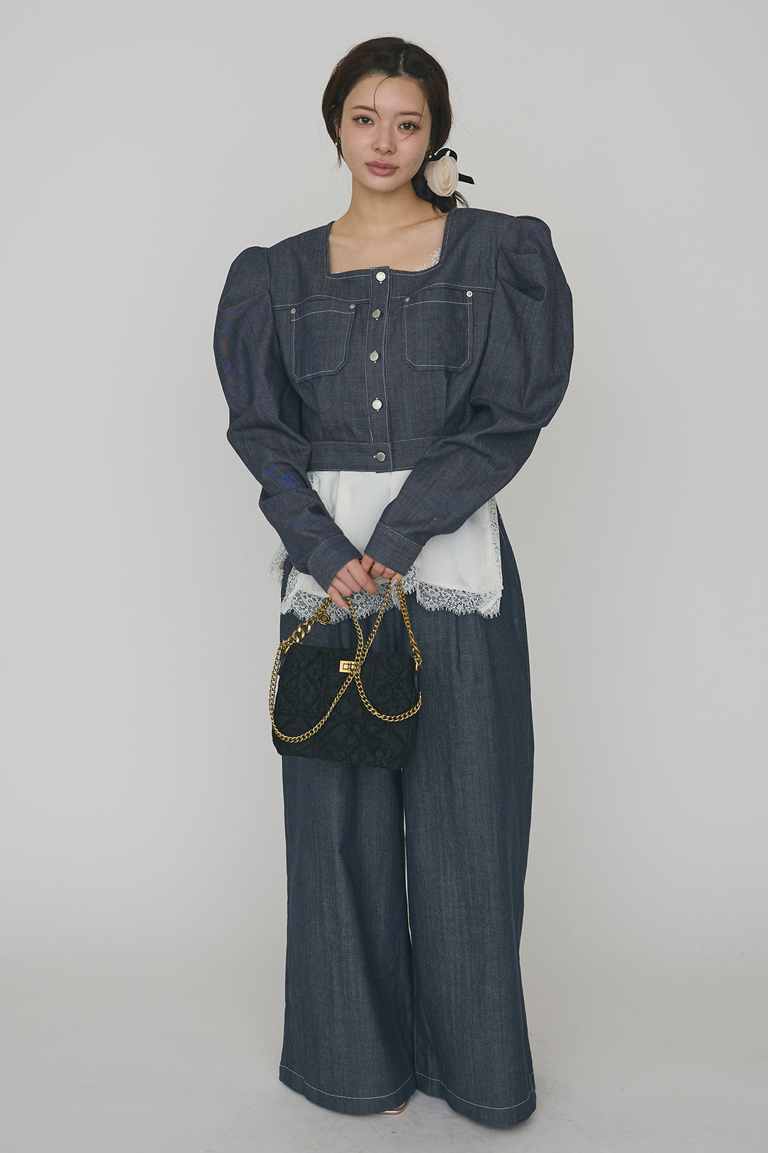 [予約/SET]マットサテンレースキャミソール+ステッチパフスリーブクロップドジャケット+ステッチデザインハイウエストデニムパンツ(3set)