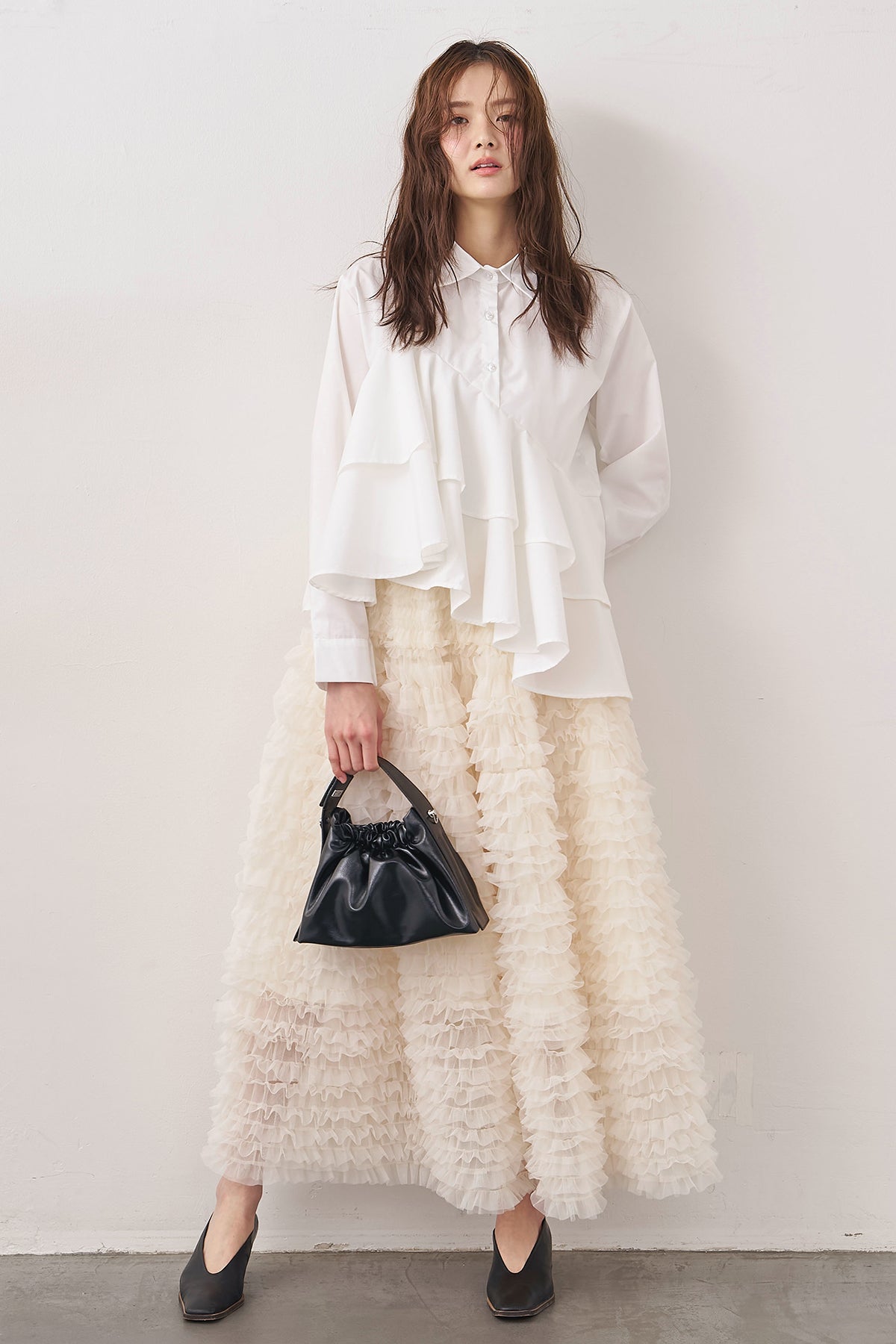 予約/SET]アシメフリルティアードシャツ+ホイップチュールティアード