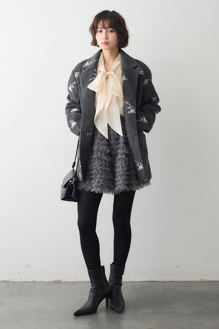 [予約/SET]前後2wayリボンシアーブラウス+フラワーエンブロイダリーモッサジャケット+ホイップチュールミニ丈スカート(3set)