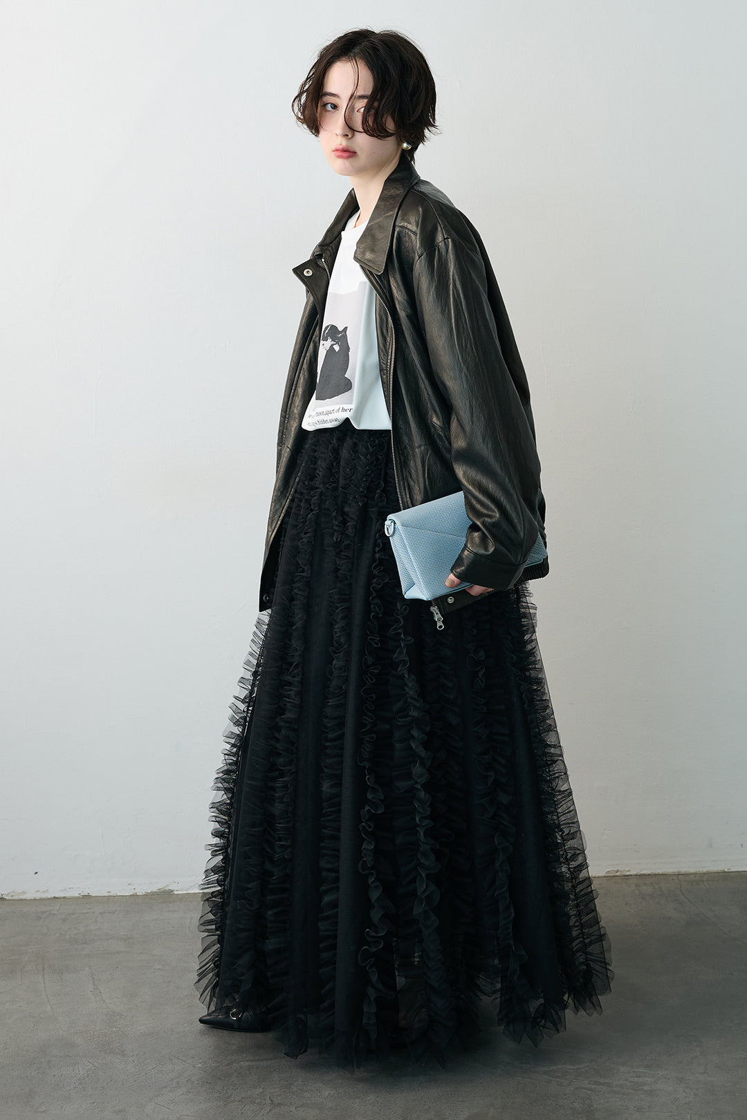 [予約/SET]グロッシーワッシャーレザーライクジャケット+Iラインホイップチュールスカート(2set)