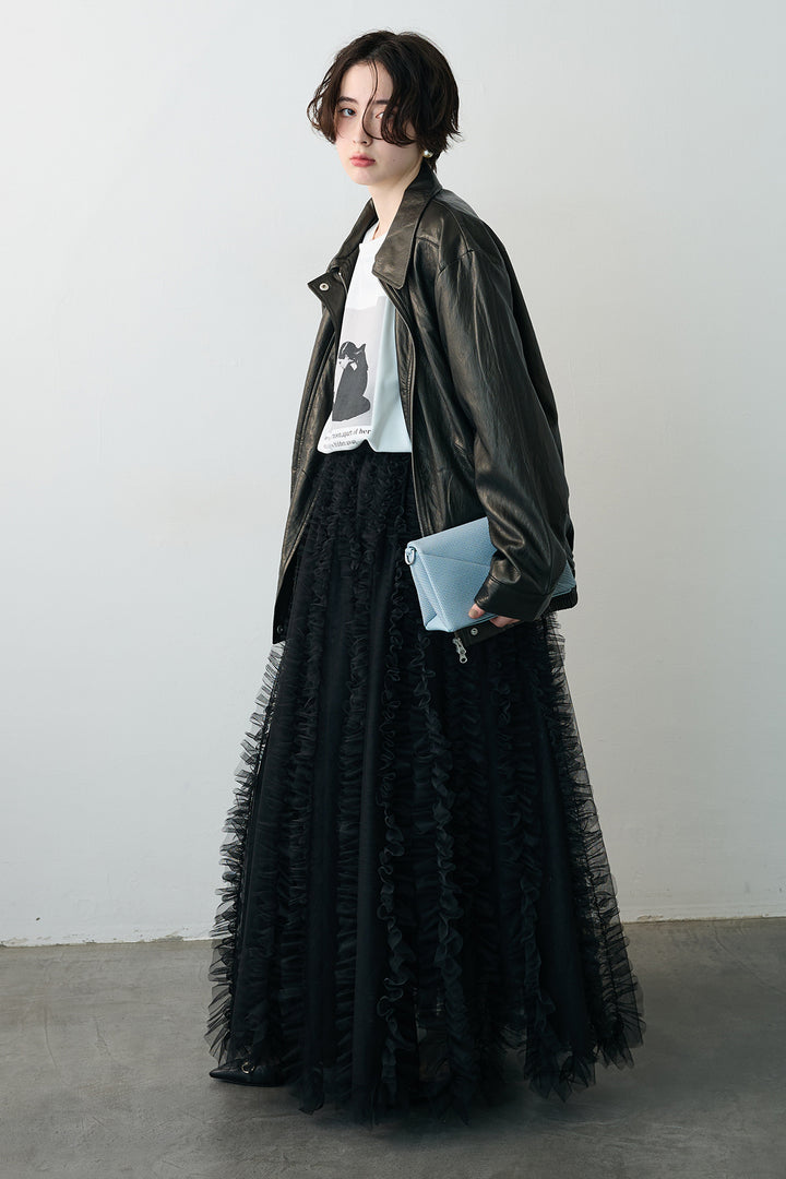 [予約/SET]グロッシーワッシャーレザーライクジャケット+Iラインホイップチュールスカート(2set)