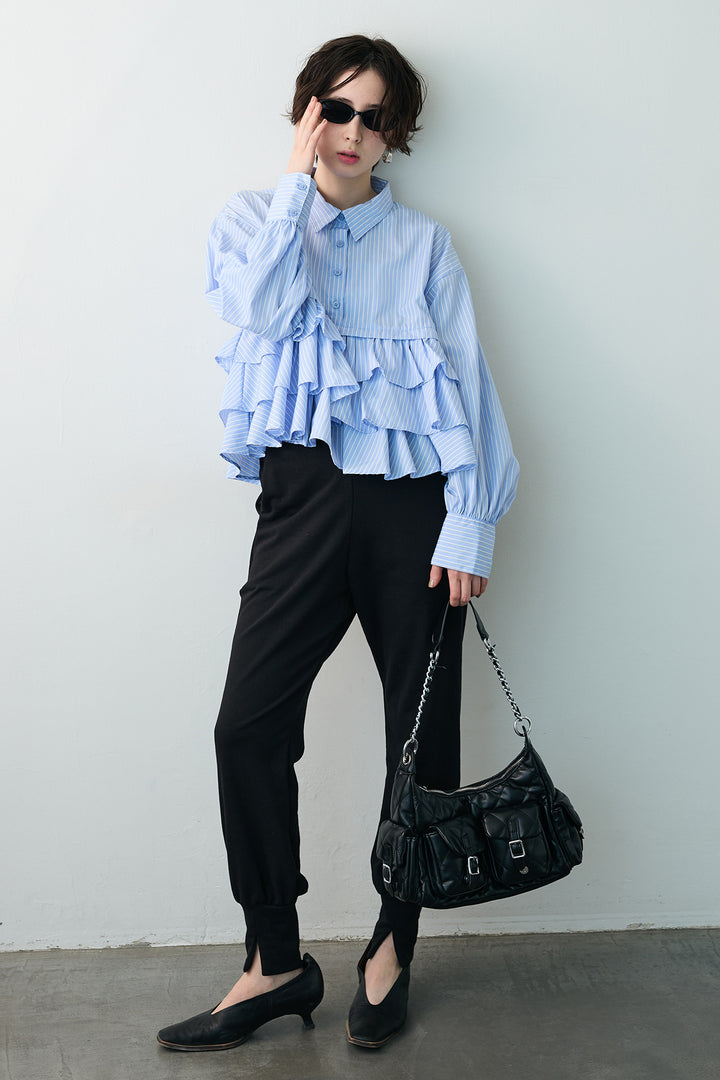 [予約]ストライプティアードフリルクロップドシャツ